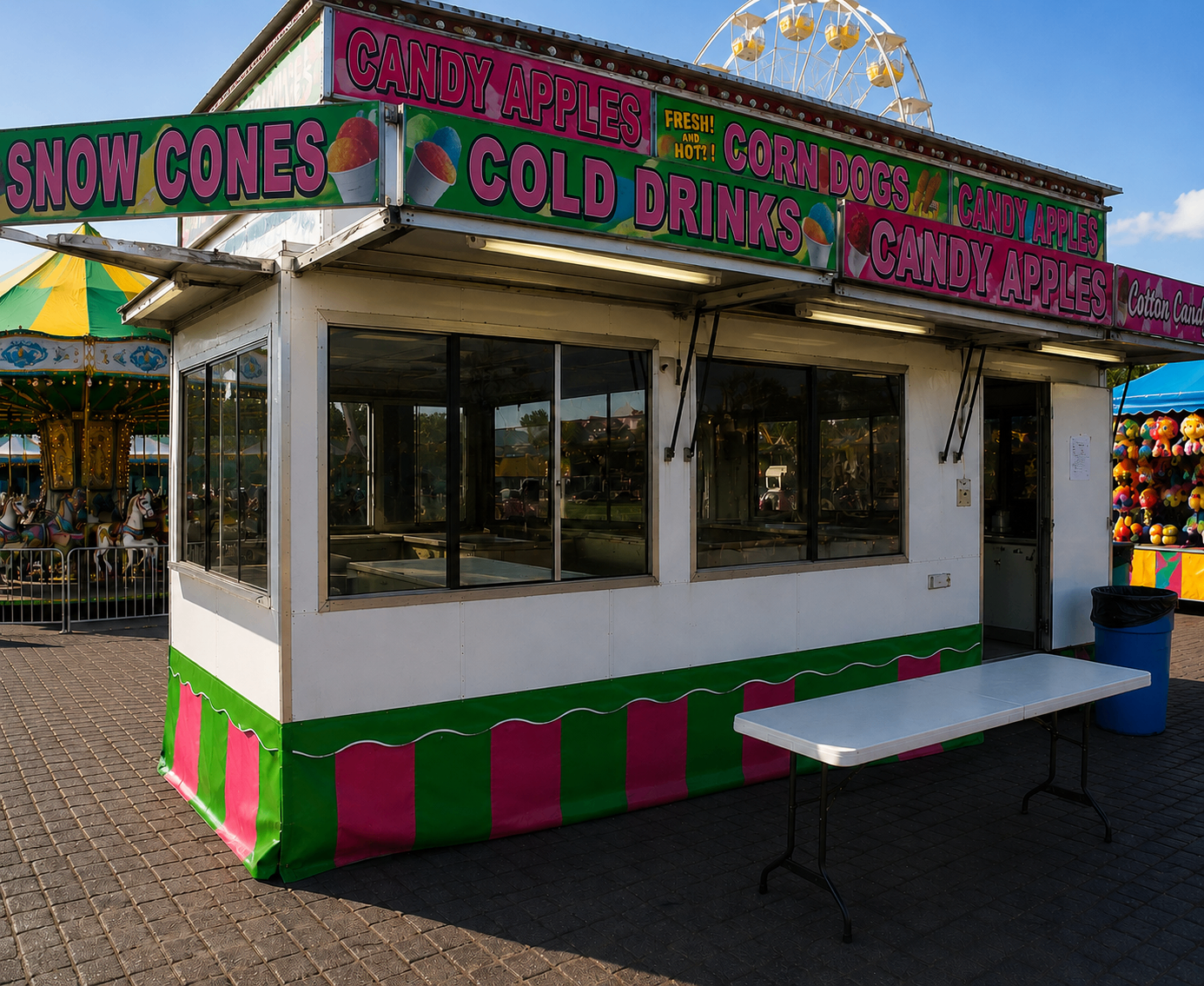 Carnival food stand with cold drinks, candy apples, and classic fair favorites
